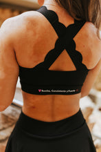 Load image into Gallery viewer, Black Scallop Criss Cross Sports Bra