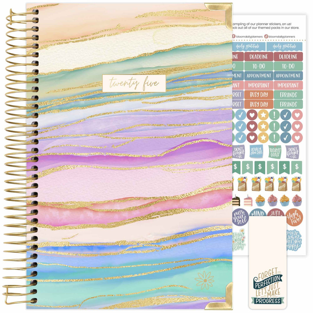 2025 Small Hard Cover Planner, Watercolor Waves Paper Sisters