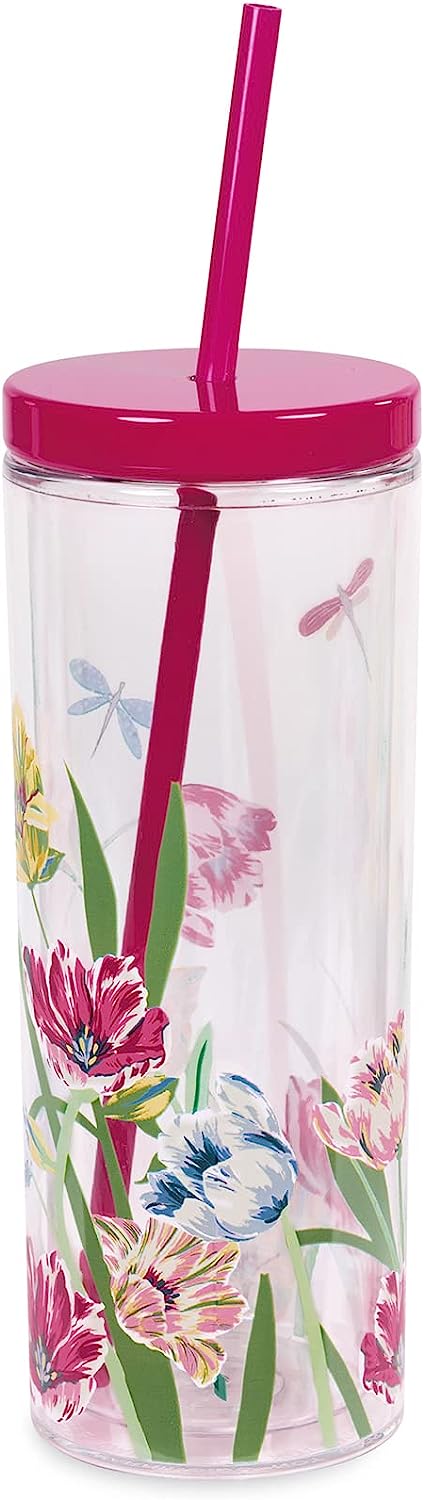 Dragonflies and Tulips, Acrylic Tumbler with Straw