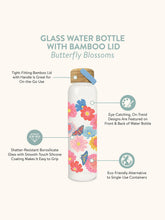 Load image into Gallery viewer, Butterfly Blossoms Glass Water Bottle with Bamboo Lid
