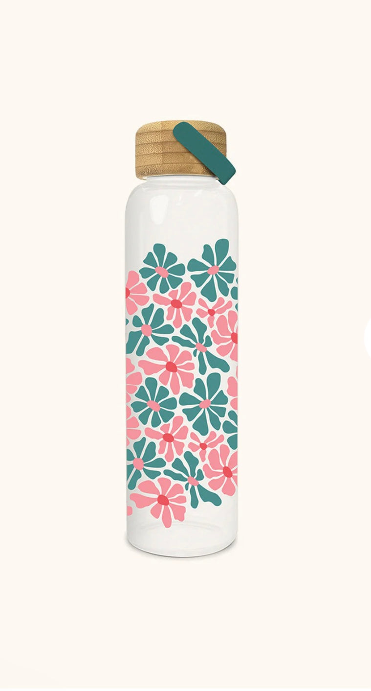 Daisy Maze glass water bottle With bamboo lid
